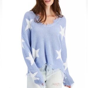 Just Polly New York Sweater Women’s M Purple Cropped Distressed Star Shark Bite